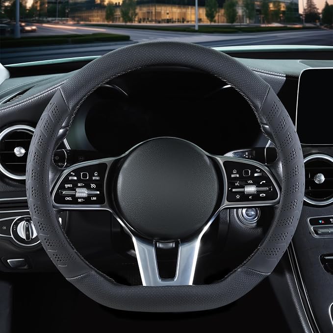 3D Soft 15 inch Leather D Shape Steering Wheel Cover Black | Breathable Anti-Slip Premium Skin-Feel Perforated Thin Nappa Leather, Universal 14.5 inch to 15 inch