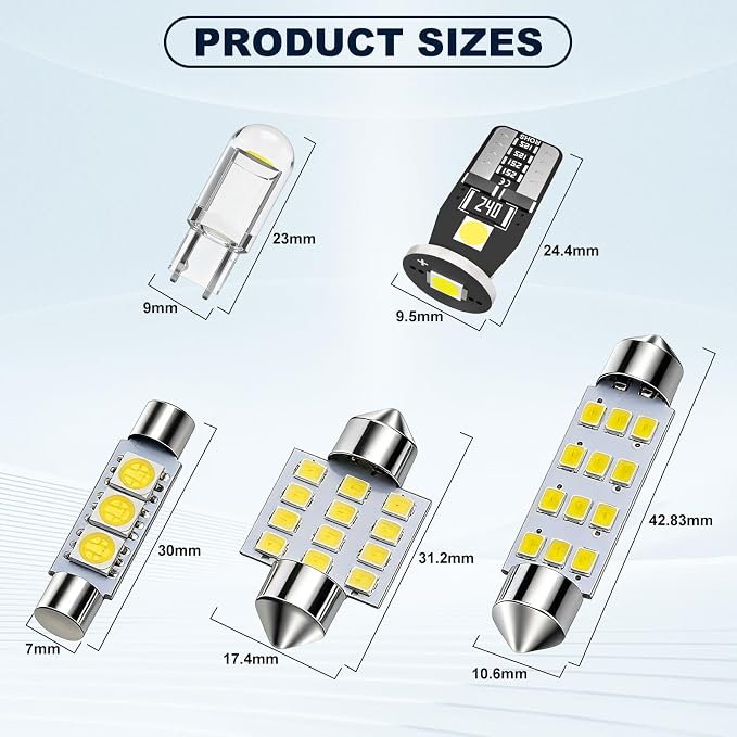 Spurtar 32PCS Interior Car Lights Extra Bright White Dome Map Tail LED Bulbs Light Car Kit Set T10-COB T10-3030 28mm 31mm 41mm 194 LED Bulb for Trunk Cargo Door Courtesy License Plate Light