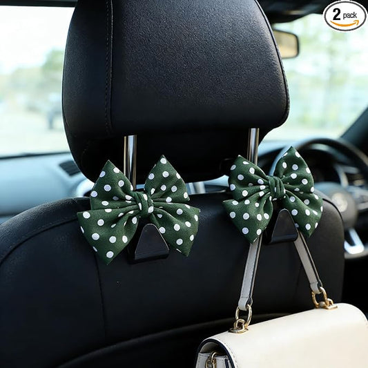 2PCS Car Seat Headrest Hooks, Car Purse Hook, Cute Bow Knot Vehicle Seatback Hanging Storage Organizer, Auto Seatback Decor Organizer Hanger for SUV Truck (Green/Polka Dot)