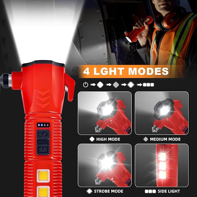 Emergency Car Flashlight - 2000 Lumen Dual Light 4-Level Battery Indicator Window Breaker & Seatbelt Cutter USB Rechargeable Ultra-Light 108g Car Emergency Tool (2pcs-Red)
