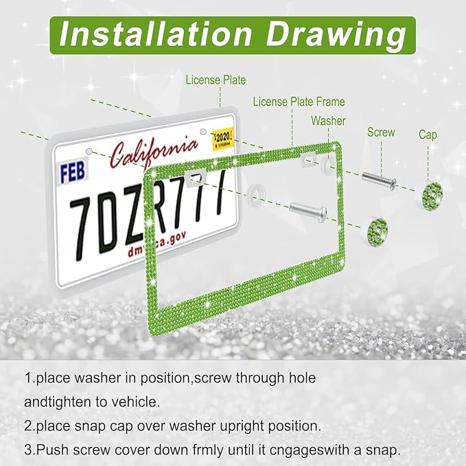 Amiss Bling License Plate Frame for Women, 2Pack Rhinestone Handcrafted Crystal Premium Stainless Steel, Stainless Steel Car Decorative Accessories with Diamond Sparkle Glitter Caps (Green)