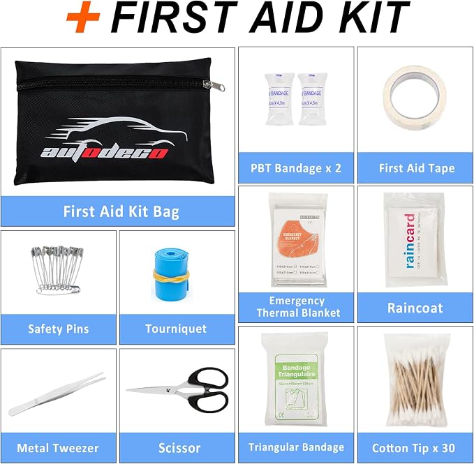 98 PCS Roadside Car Emergency Assistance Kit with Portable Air Compressor Jumper Cables Safety Hammer All in One Pliers Tool Set（Black）