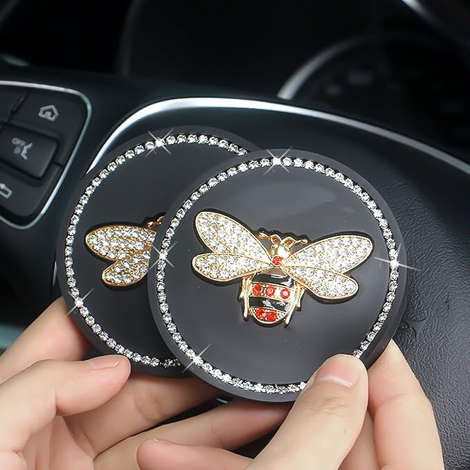 Bling Cup Holder Insert Coaster- 2.95 inch Silicone Anti-Slip Shockproof, Universal Fashion Car Interior Accessories for Women (Bee, 2 PCS)