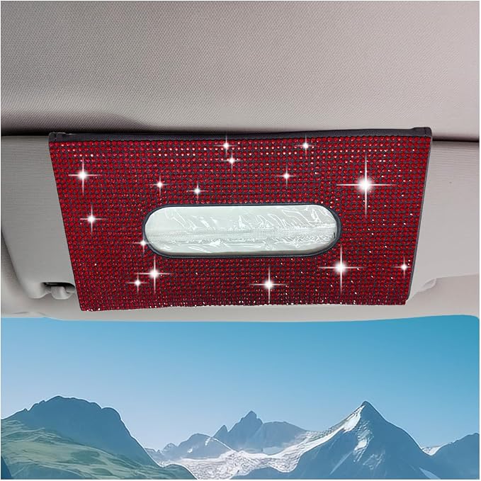 Bling Car Sun Visor Tissue Box Holder, PU Leather Auto Paper Towel Cover, Glitter Crystal Rhinestone Napkin Holder, Car Decoration Accessories for Women (Black/Red)