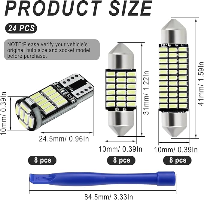 24 PCS Car LED Lights Interior Kit, T10 31mm 41mm LED Dome Lights Interior Replacement for Car Map, License Plate, Door, Side Marker, Cornering & Trunk Bulbs (Ice Blue)