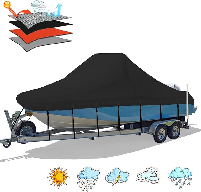 Solim Center Console Boat Cover, 17'-19' Waterproof 1300D PU Heavy Duty Trailerable Boat Cover for Center Console Boat, Marine Grade Oxford UV Resistant Polyester Canvas with 18 Tie Down Straps, Black