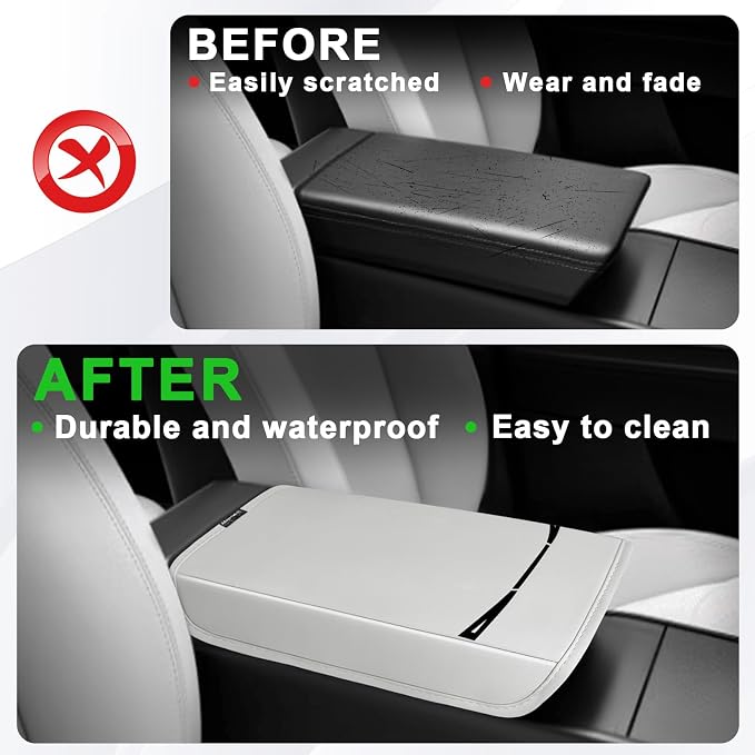 Muslogy Center Console Armrest Cover Fit for Tesla Model Y Refresh 2026 Accessories, Comfort Armrest Pad Console Lid Cushion Vegan Leather Regular Thick (Cream)
