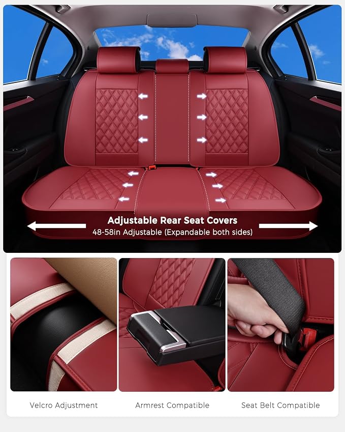 Huidasource Rear Car Seat Cover, Nappa Leather Rear Seat Cover Velcro Adjustable, Compatible with Seat Belts, Child Safety Seats, Universal Fit for Most Cars SUVs Trucks (Back Row/Red)