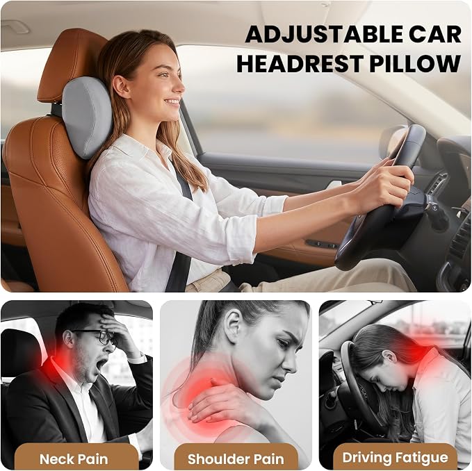 ZZ-WELL Car Headrest Pillow, Car Neck Pillow for Neck Pain Relief with Adjustable Strap, Memory Foam & Breathable Removable Cover, Travel Car Neck Pillow for Pain Relief While Driving (Grey, 1Pack)