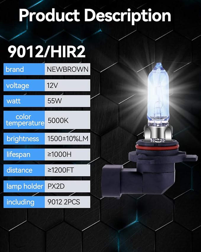 NEWBROWN 9012 HIR2 Headlight Bulb 9012 Halogen Bulb 5000K Super White Light Long Life Replacement PX22D 12V/55W (9012/HIR2, 2 Pack)