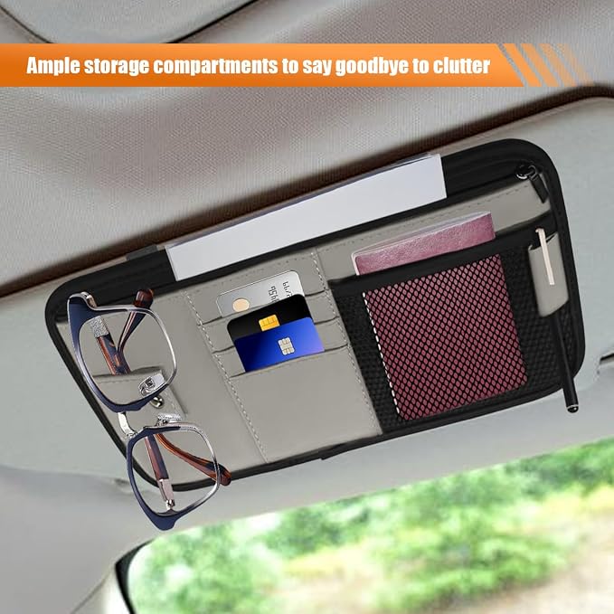 Car Sun Visor Organizer, PU Leather Automotive Visor Storage Pouch Holder with Multi-Pocket, Vehicle Interior Organizer Accessories for Sunglasses, Pen, Key, Phone, Cards, License(Gray)