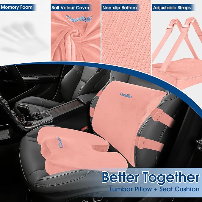CloudBliss Lumbar Support Pillow & Seat Cushion Set for Office Chair, Desk Chair, Wheelchair & Car – Memory Foam Back Support, Ergonomic Chair Cushions, Sciatica Pain Relief, Home Essentials, Pink