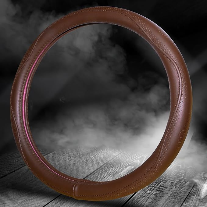 HAOKAY Top Grade Brown Genuine Leather Steering Wheel Cover Men Women, Luxury Steering Wheel Cover for Cars, SUVS and Trucks, Universal 14.5-15 inch