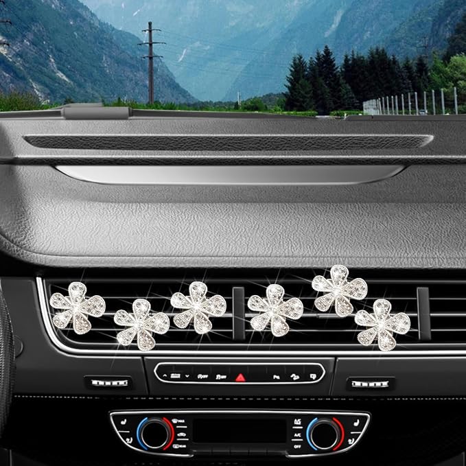 Mandark 6PCS Bling Daisy Flower Car Air Vent Clip, Crystal Rhinestone Vehicle Air Vent Outlet Clip, Cute Auto Air Conditioning Clip Charm Interior Decor Accessories for Women Girls（Silver）