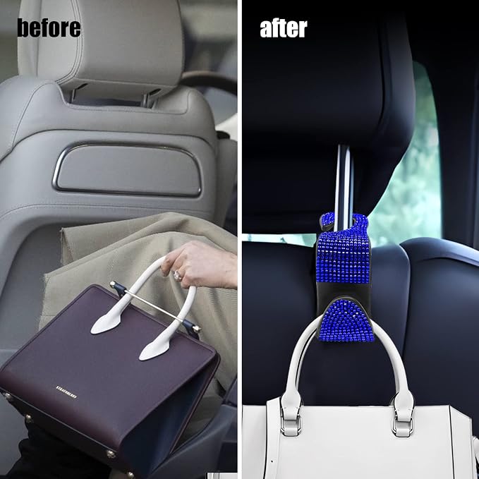 OSIFIT 2PCS Car Seat Hooks, Bling Car Rhinestone Headrest Hooks, Universal Bling Car Interior Accessories, for Handbag, Clothes, Purse, Water Bottle (Blue)