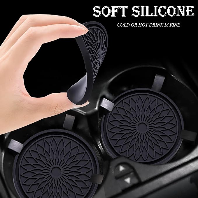 2-Pack Car Cup Holder Coaster Inserts, 2.75 Inch Non-Slip Silicone Liners, Shockproof Drink Holder Mat for Women Men, Universal Fit for Most Vehicles (Black)