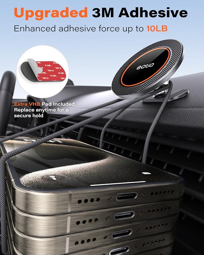 OQTIQ for MagSafe Car Mount - 17 N54 Magnets, 360° Rotation Magnetic Phone Holder for Dashboard, Compact & Space-Saving, Compatible with iPhone 17/16/15/14/13/12