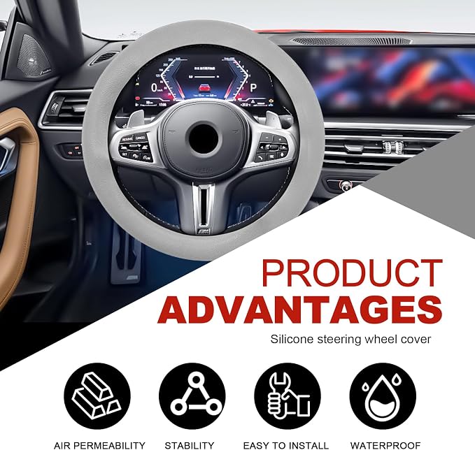 Silicone Steering Wheel Cover - Thicker Universal Stretchy & Anti-Slip Grips, Universal Fit 14"-16" Silicone Steering Wheel Protector for Men and Women, Car Interior Accessory (Gray)