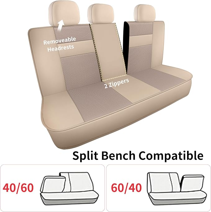 HChengkikz Car Seat Covers, Leather, 3D Foam Back Support (Beige) | Air Mesh, Airbag Compatible, Universal Fit for Most Cars, Vans, Trucks, SUVs
