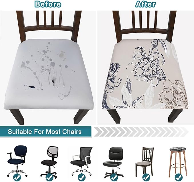 SearchI Seat Covers for Dining Room Chairs Stretch Printed Chair Seat Covers Set of 6, Removable Washable Upholstered Chair Seat Protector Slipcovers for Kitchen, Office(Modern Abstract Floral)