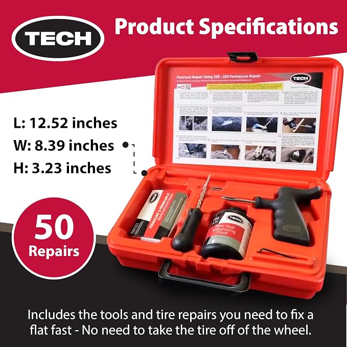 TECH Permacure Tire Repair Kit with Plugs – 50 Plugs & Tools for Permanent Tire Repair, Moisture & Air-Proof Seal, Ideal for Cars, Trucks, ATVs, Motorcycles, SUVs, & More – Portable & Compact Storage