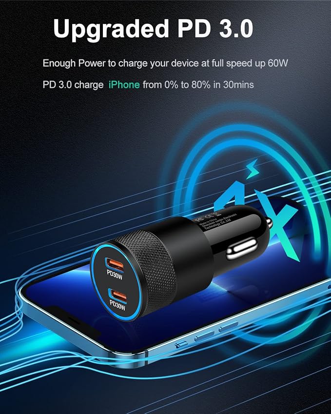60W USB C Car Charger, 2Pack USB C Cigarette Lighter Adapter Fast Charging | Dual Port PD3.0 Type C Car Charger Plug Compatible with iPhone 17 16 15 14 Pro Max Samsung Galaxy S26/S25/S24 Pixel 10 9Pro