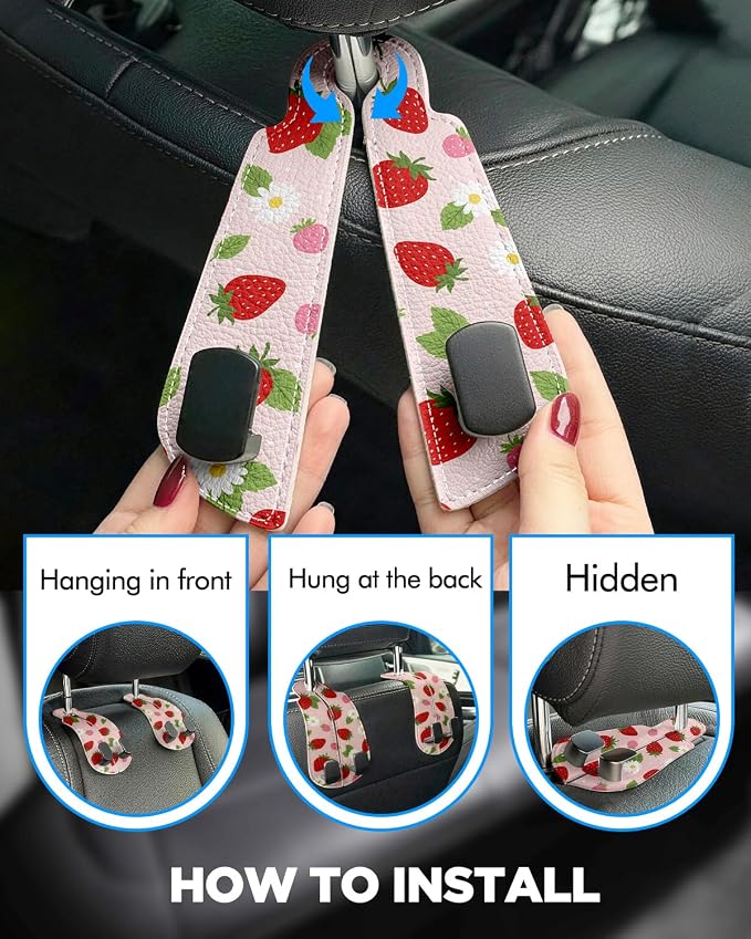 WOCOCN Purse Holder for Car, 2 Pack Heavy Duty Purse Hanger for Car, PU Leather Car Seat Hooks for Purses and Bags, Cute Strawberry Headrest Organizer for Handbags & Backpacks