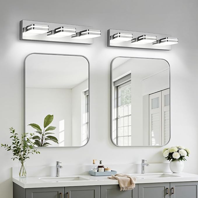 Torondo 360° Rotate LED Bathroom Vanity Light Fixtures, Acrylic Vanity Lights for Bathroom, Modern Wall Lighting Fixtures Over Mirror Living, Chrome, Natural White, 3-Light, 17-Inch