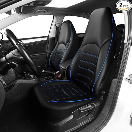 TOYOUN Classic Universal PU Leather Car Front Seat Covers High Back Bucket Seat Cover - Fit Most Cars, Trucks, SUVS, or Vans 2 PCS Blue Trim Auto Seat Covers Set Car Seat Protector for All Seasons