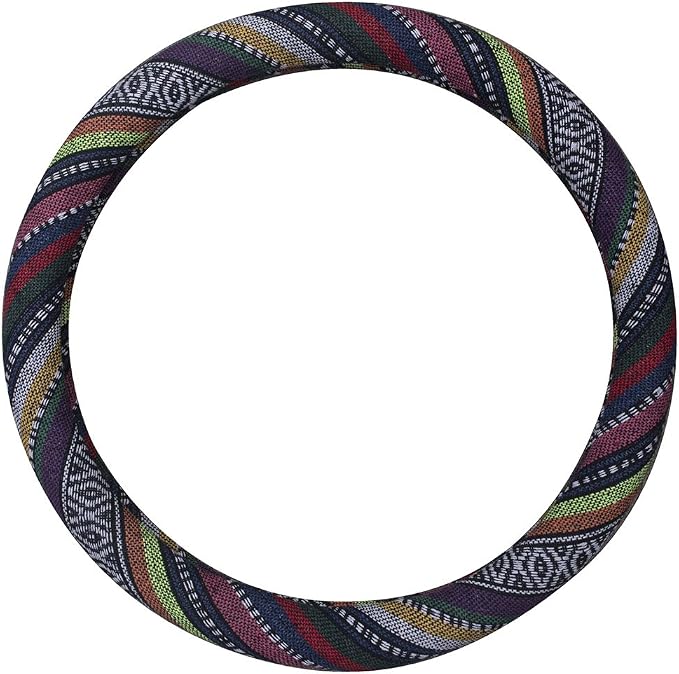 Medium Ethnic Style Coarse Flax Cloth Automotive Steering Wheel Cover Anti Slip and Sweat Absorption Auto Car Wrap Cover (14.5''-15'',B)