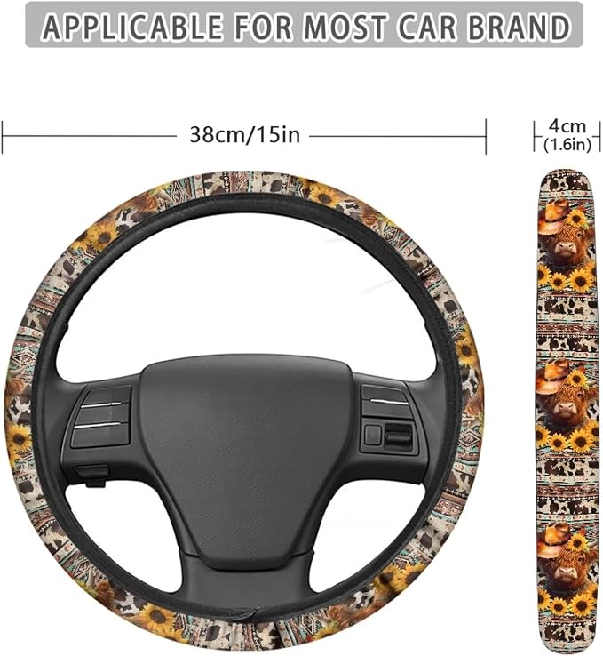 Wanyint Aztec Highland Cow Cowboy Sunflower Car Steering Wheel Cover Universal 15 Inch Auto Accessories Car Interior Decoration for Women Men Fit Cars SUV Sedan Vans Trucks