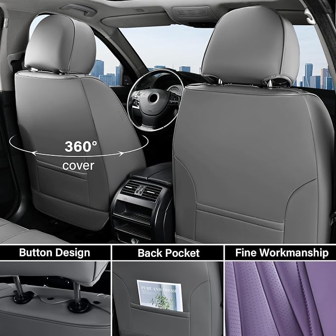 Coverado Seat Covers Full Set, Leather Car Seat Covers, Waterproof Seat Covers for Cars, Front and Back Car Seat Protectors, Car Seat Cushions Universal Fit for Most Cars (Gray&Purple)