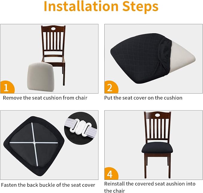 Fuloon Stretch Chair Seat Covers 6 PCS, Removable Washable Dining Chair Covers Anti-Dust Dining Room Seat Cushion Slipcovers (6, Black)