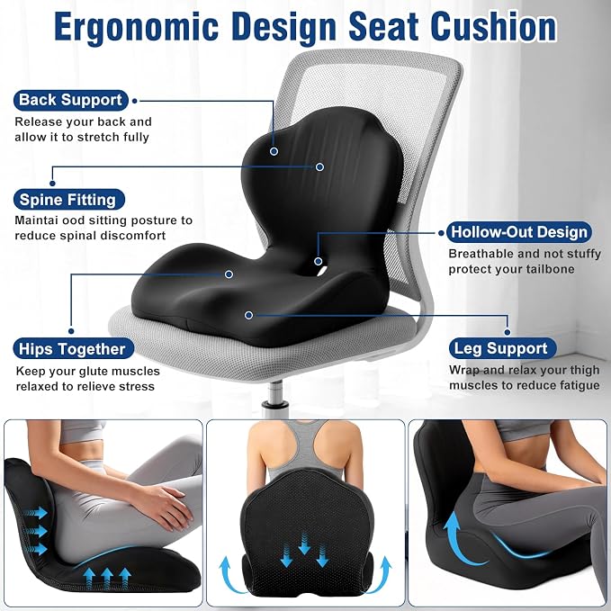 Car Seat Cushion with Lumbar Support Pillow, Memory Foam Office Chair Cushion for Back Pain Sciatica Pain Relief, Ergonomic L-Shaped Seat Cushion for Car Truck Driving Office Chair Home