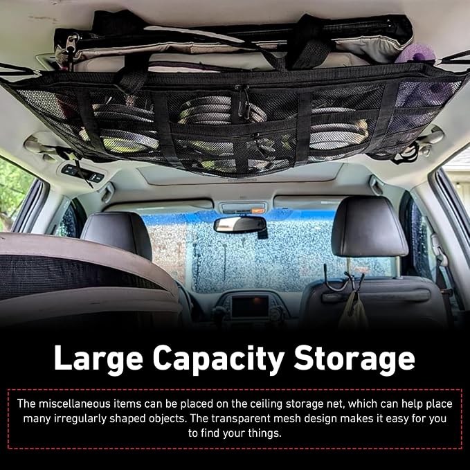 Car Ceiling Cargo Net, Double-Layer Overhead Storage Mesh Organizer, 31.5 x 21.6 Inch Roof Storage Pocket for SUV Van Truck, Camping Road Trip Overlanding Essentials (Black)