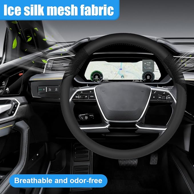Car Steering Wheel Cover, 15" Breathable Microfiber Leather Ice Silk Mesh Wheel Wrap, Warm in Winter & Cool in Summer, Comfortable Anti-Slip Auto Interior Decorative Protector(Black)