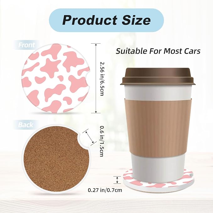 Pink White Cow Print Car Coasters for Cup Holders,2 Pack Car Cup Holder Coasters for Car,Ceramic Absorbent Car Coaster with A Finger Notch and Cork Base,Car Interior Accessories for Women Men