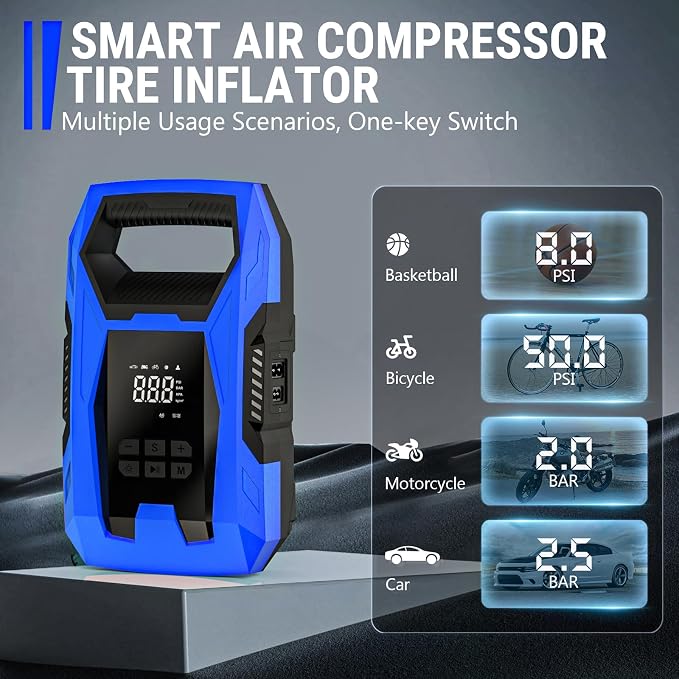 CARSUN AC/DC Tire Inflator Portable Air Compressor, Dual Power for Home 110V AC and Car 12V DC Air Pump with Pressure Gauge, Auto Shutoff, Tire Pump for Car Motorcycle Bike and Other Inflatables, Blue