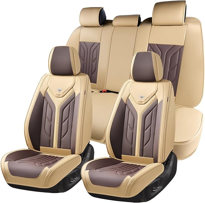 Coverado Car Seat Covers Full Set, Automotive Seat Covers Car Seat Protector Car Seat Cushion, Waterproof Leather Seat Covers for Cars, Universal Fit for Most Sedans SUV Pick-up Truck(Beige&Coffee)