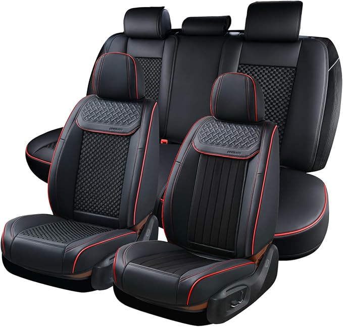 Coverado Leather Seat Covers for Car, Waterproof Car Seat Covers Full Set, 2 in 1 Conversions Car Seat Cover Protector Car Accessories Universal Fit for Most Cars SUVs and Trucks (Black&Red)