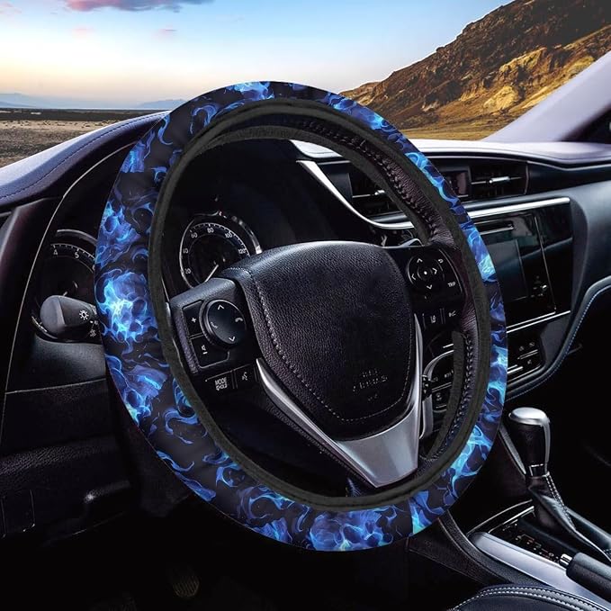 AFPANQZ Skull Blue Flame Automotive Steering Wheel Covers Universal Fit 14 to 15 inch Steering Wheel Covers with Cloth for Women Keep Warm Comfort Grip Sweat Absorption Neoprene