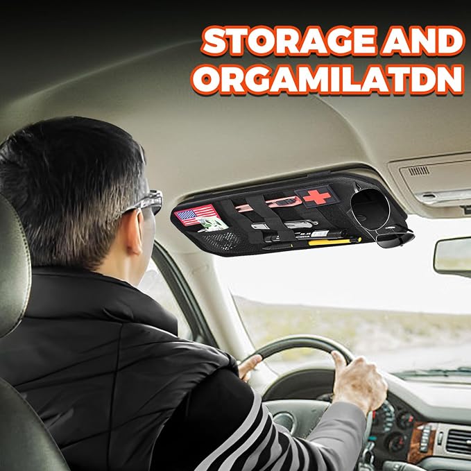 1000D Sun Visor Organizer Fits Most Car, SUVs, and Trucks | with Zipper Visor Storage Pouch, Car Sunglasses Holder, Hard Molle Panel for Tactical Gears