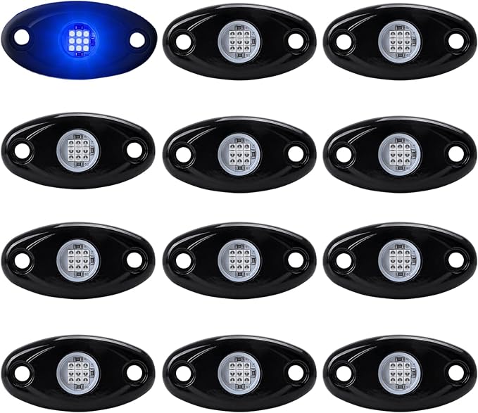 12 Pods Blue LED Rock Lights Neon Underglow Light for Car Truck ATV SUV | Under Body Glow Light Trail Fender Lighting LY8