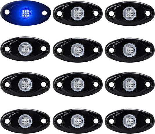 12 Pods Blue LED Rock Lights Neon Underglow Light for Car Truck ATV SUV | Under Body Glow Light Trail Fender Lighting LY8