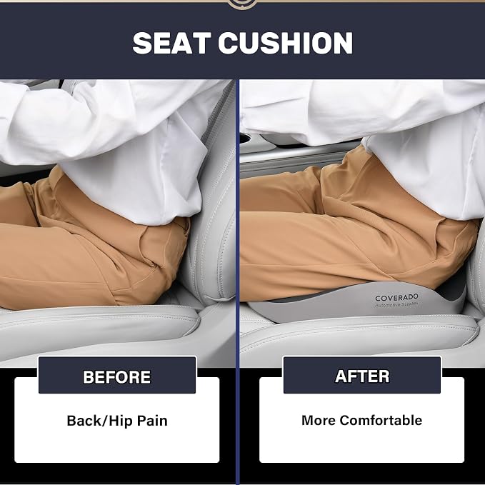 Coverado Car Seat Cushion with Memory Foam, Ergonomic Driving Seat Cushion for Sciatica, Tailbone, Back Pain Relief, Premium Non-Slip Washable Cushion for Car, Driver, Office, Wheelchair