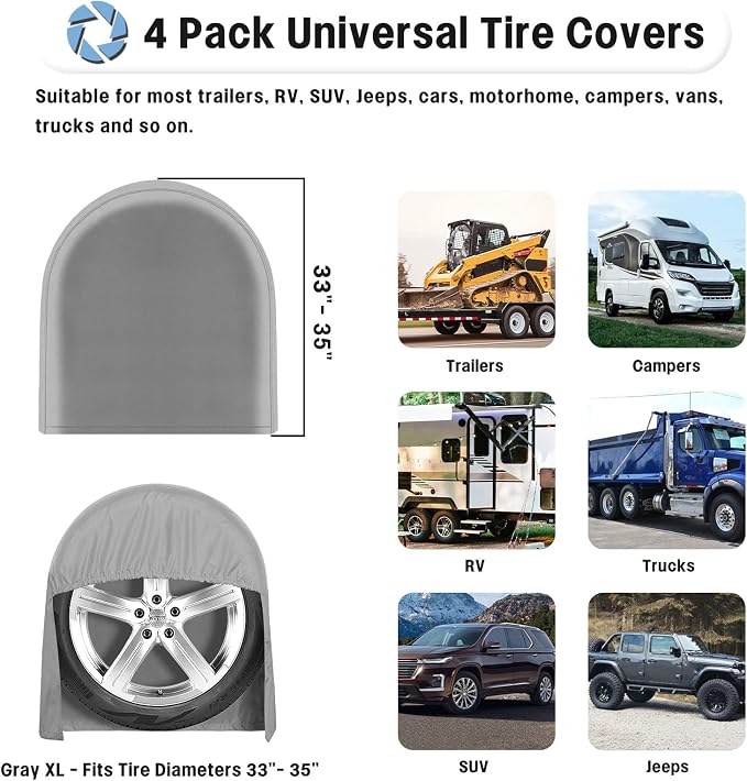 OutdoorLines Waterproof Tire Covers Set of 4 | UV Proof Trailer Wheel Cover for RV Jeep Trailer Camper Van Truck, Universal Tire Covering Fits Diameters 33"-35", Gray