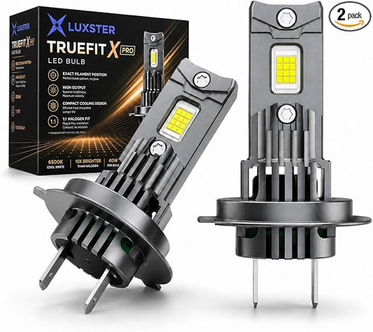 LUXSTER H7 TrueFit X Pro High Performance LED Bulbs 6000K (2 Pack) | 1:1 Mini Size, 12-Core Chip, 10X Brighter Than Halogen, No Adapter Required, Off-Road Headlight, Fog Use, Plug-and-Play Fit
