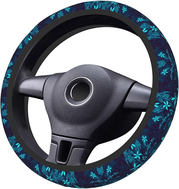 Polynesian Teal Tribal Leaf Floral Car Steering Wheel Cover for Women Men Stretch Cloth Anti-Slip Wrap Protector Case Fit Universal Auto Accessories Decor Sweat Absorption 14-15 Inch