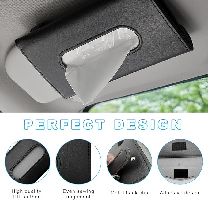 Ohleats Car Tissue Holder, Leather Sun Visor Napkin Holder, Auto Backseat Tissue Mask Case Dispenser for Most Vehicles, Universal Interior Car Accessories Hanging Tissues (Black)