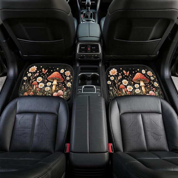 Mushroom Car Floor Mats Cottage Starry Garden Snail Butterfly Carpet Front Rear Carpets Mat Decorative Car Floor Carpets Non-Slip Auto Car Accessories Universal Fit for Car SUV Truck Van